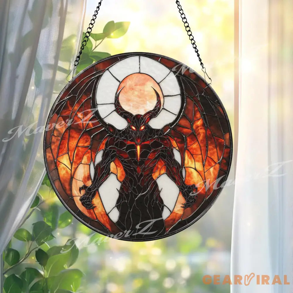 Inferno Demon Stained Glass Suncatcher Dark Fantasy Window Hanging Art Gothic Hellfire Decor for Horror & Mythology