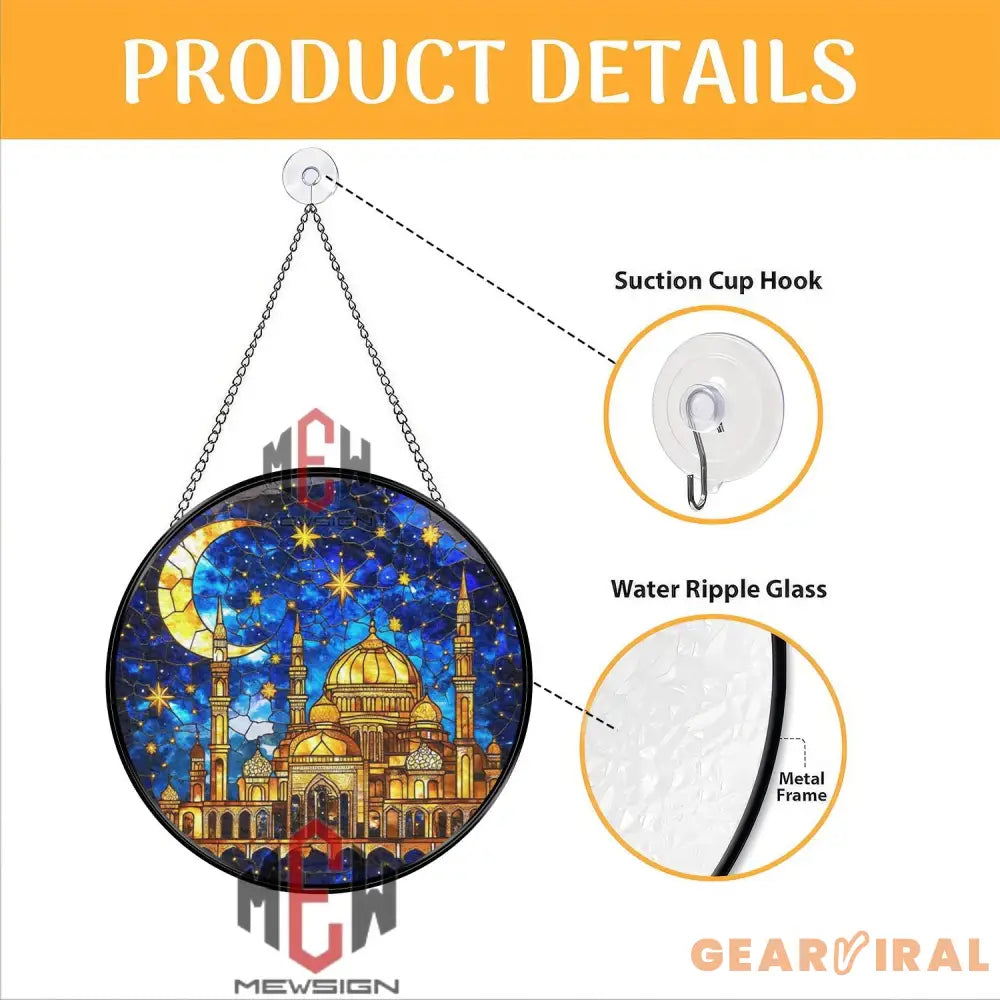 Islamic Mosque Stained Glass Suncatcher Crescent Moon Ramadan Decor Starry Night Window Hanging Eid Gift for Muslim Home