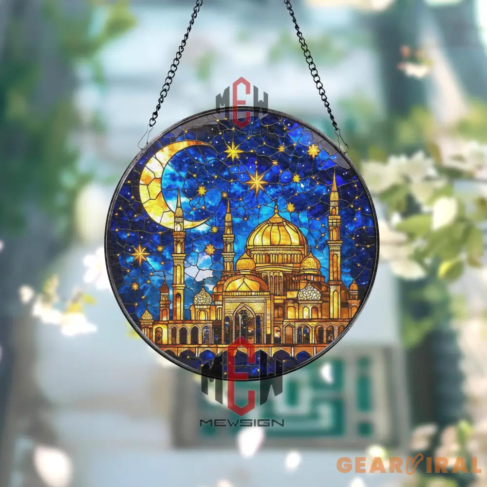 Islamic Mosque Stained Glass Suncatcher Crescent Moon Ramadan Decor Starry Night Window Hanging Eid Gift for Muslim Home