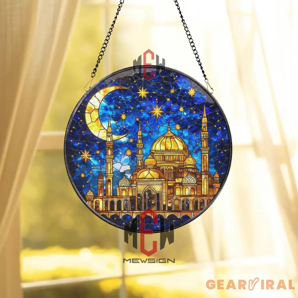 Islamic Mosque Stained Glass Suncatcher Crescent Moon Ramadan Decor Starry Night Window Hanging Eid Gift for Muslim Home