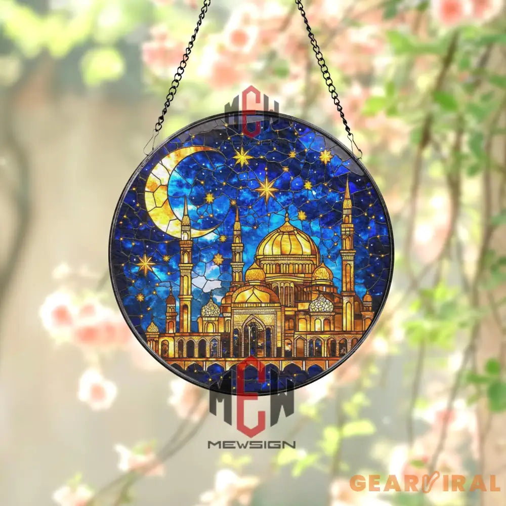 Islamic Mosque Stained Glass Suncatcher Crescent Moon Ramadan Decor Starry Night Window Hanging Eid Gift for Muslim Home