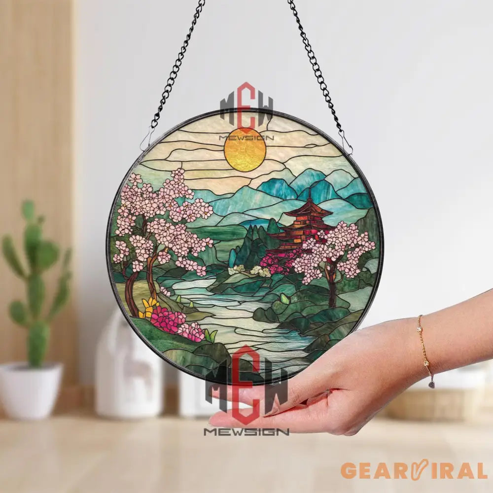 Japanese Cherry Blossom Stained Glass Suncatcher Mount Fuji Pagoda Window Panel Tranquil Zen Landscape Decor Asian