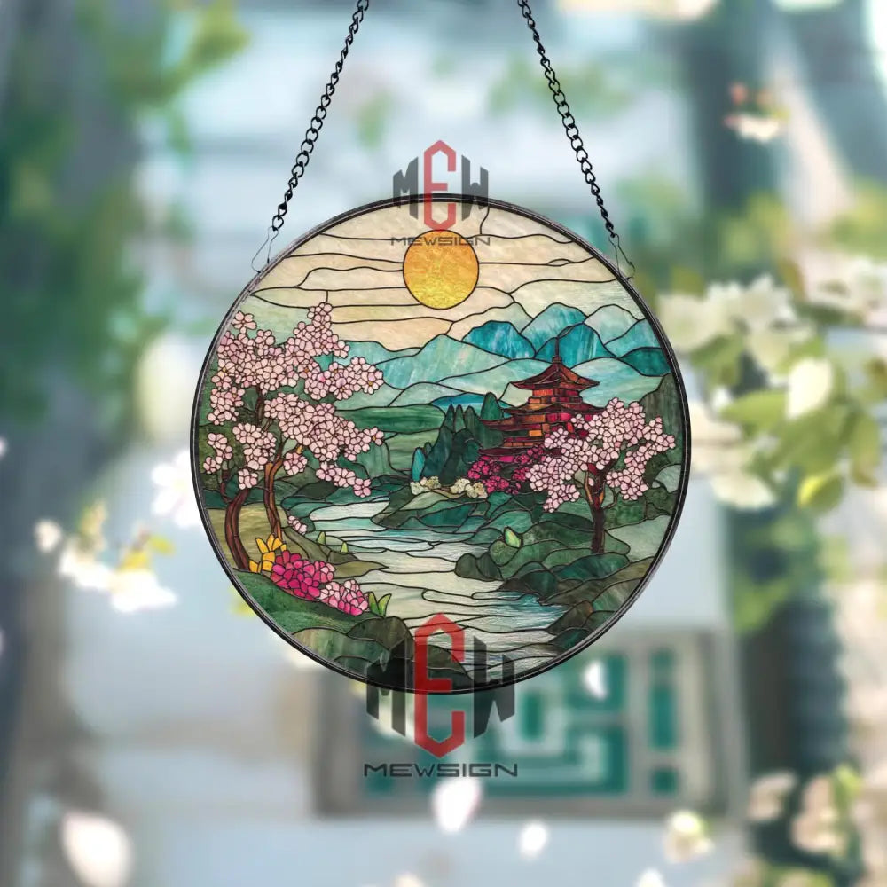 Japanese Cherry Blossom Stained Glass Suncatcher Mount Fuji Pagoda Window Panel Tranquil Zen Landscape Decor Asian
