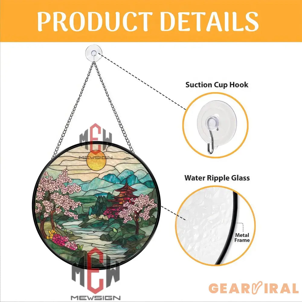 Japanese Cherry Blossom Stained Glass Suncatcher Mount Fuji Pagoda Window Panel Tranquil Zen Landscape Decor Asian