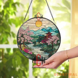 Japanese Cherry Blossom Stained Glass Suncatcher Mount Fuji Pagoda Window Panel Tranquil Zen Landscape Decor Asian