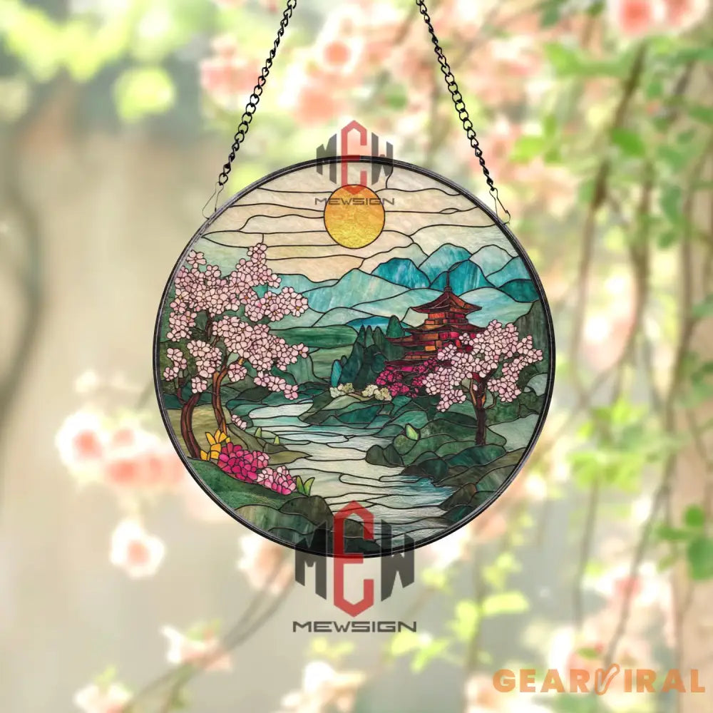 Japanese Cherry Blossom Stained Glass Suncatcher Mount Fuji Pagoda Window Panel Tranquil Zen Landscape Decor Asian