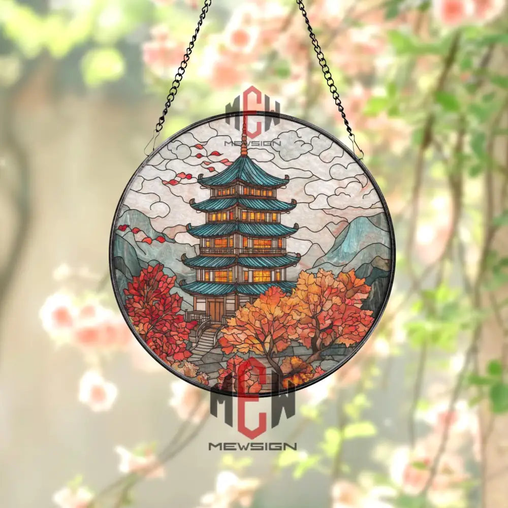 Japanese Pagoda Stained Glass Suncatcher Autumn Temple Window Hanging Mountain Nature Decor Zen Landscape Glass Art