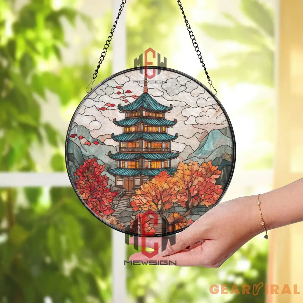 Japanese Pagoda Stained Glass Suncatcher Autumn Temple Window Hanging Mountain Nature Decor Zen Landscape Glass Art