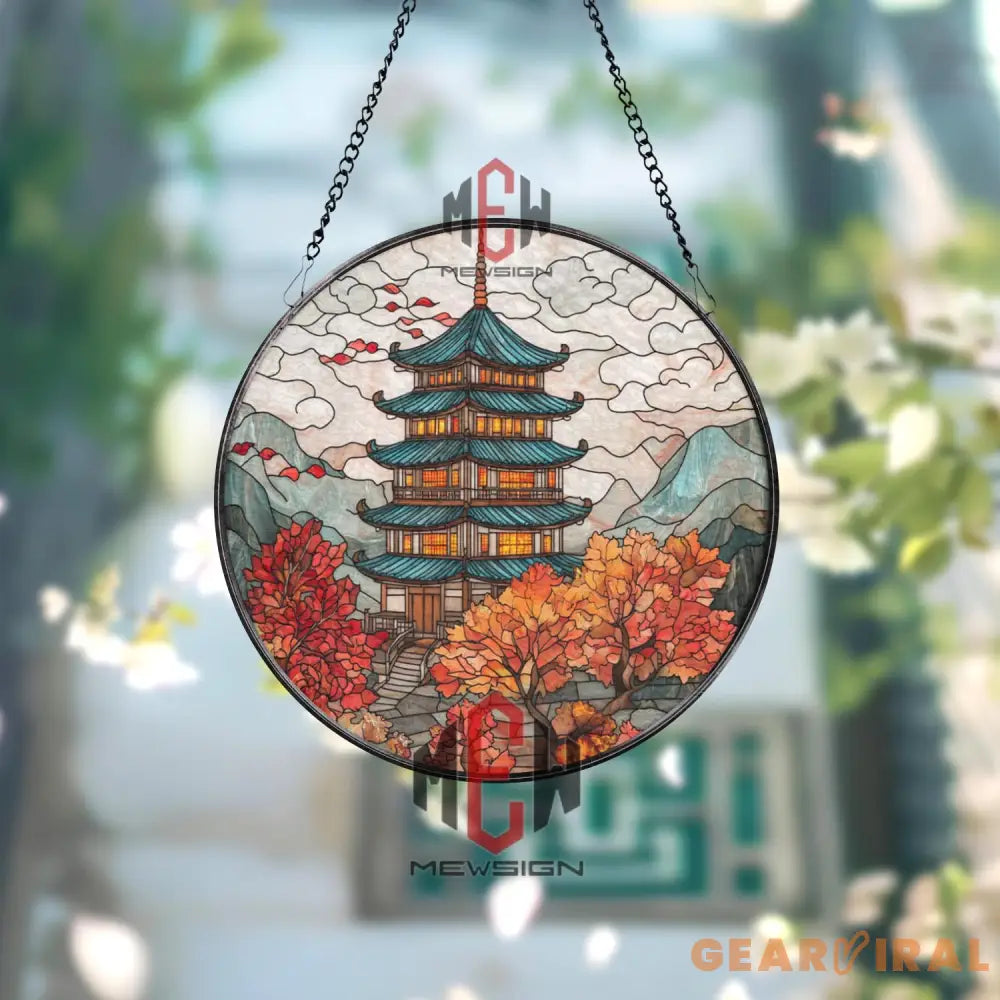 Japanese Pagoda Stained Glass Suncatcher Autumn Temple Window Hanging Mountain Nature Decor Zen Landscape Glass Art