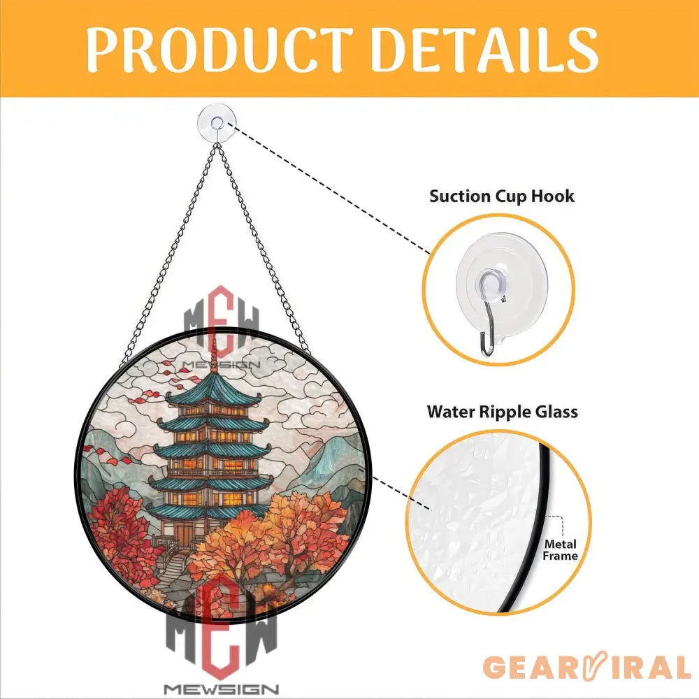 Japanese Pagoda Stained Glass Suncatcher Autumn Temple Window Hanging Mountain Nature Decor Zen Landscape Glass Art