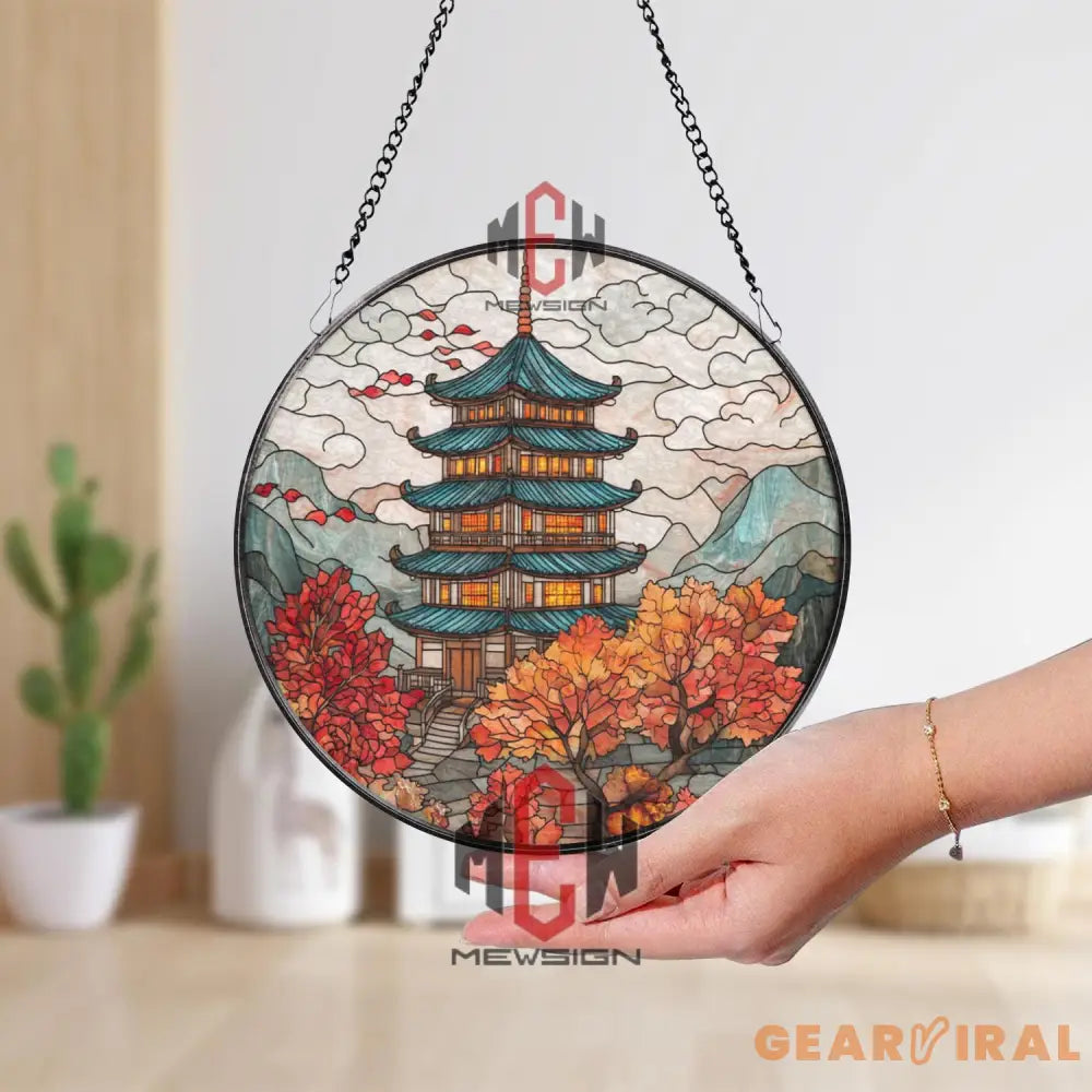 Japanese Pagoda Stained Glass Suncatcher Autumn Temple Window Hanging Mountain Nature Decor Zen Landscape Glass Art