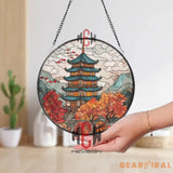 Japanese Pagoda Stained Glass Suncatcher Autumn Temple Window Hanging Mountain Nature Decor Zen Landscape Glass Art