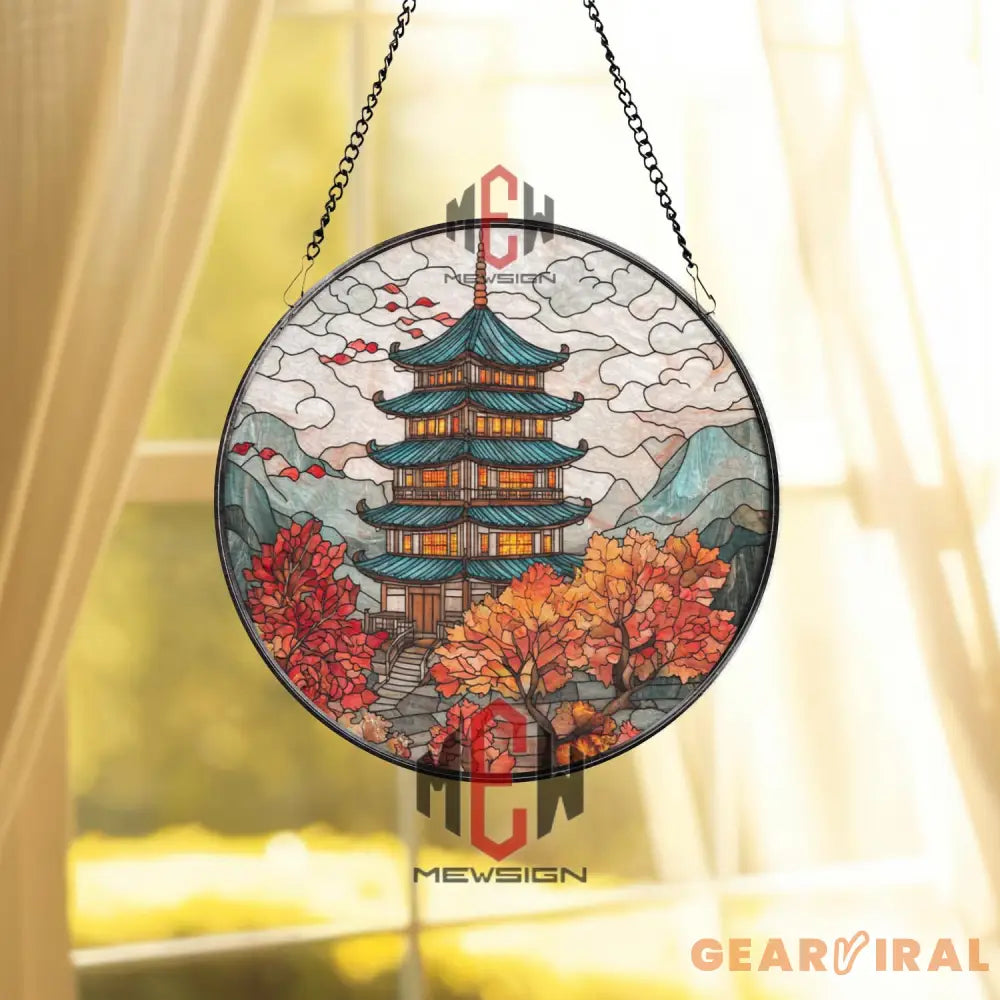 Japanese Pagoda Stained Glass Suncatcher Autumn Temple Window Hanging Mountain Nature Decor Zen Landscape Glass Art