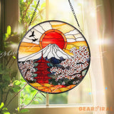Japanese Pagoda Stained Glass Suncatcher Red Sun Mount Fuji Window Hanging Sakura Cherry Blossom Glass Panel Oriental