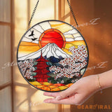 Japanese Pagoda Stained Glass Suncatcher Red Sun Mount Fuji Window Hanging Sakura Cherry Blossom Glass Panel Oriental