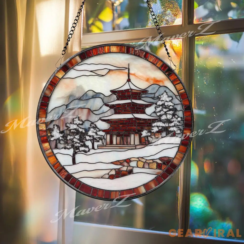 Japanese Pagoda Winter Stained Glass Suncatcher Snowy Temple Window Hanging Art Round Japan Landscape Glass Panel Zen