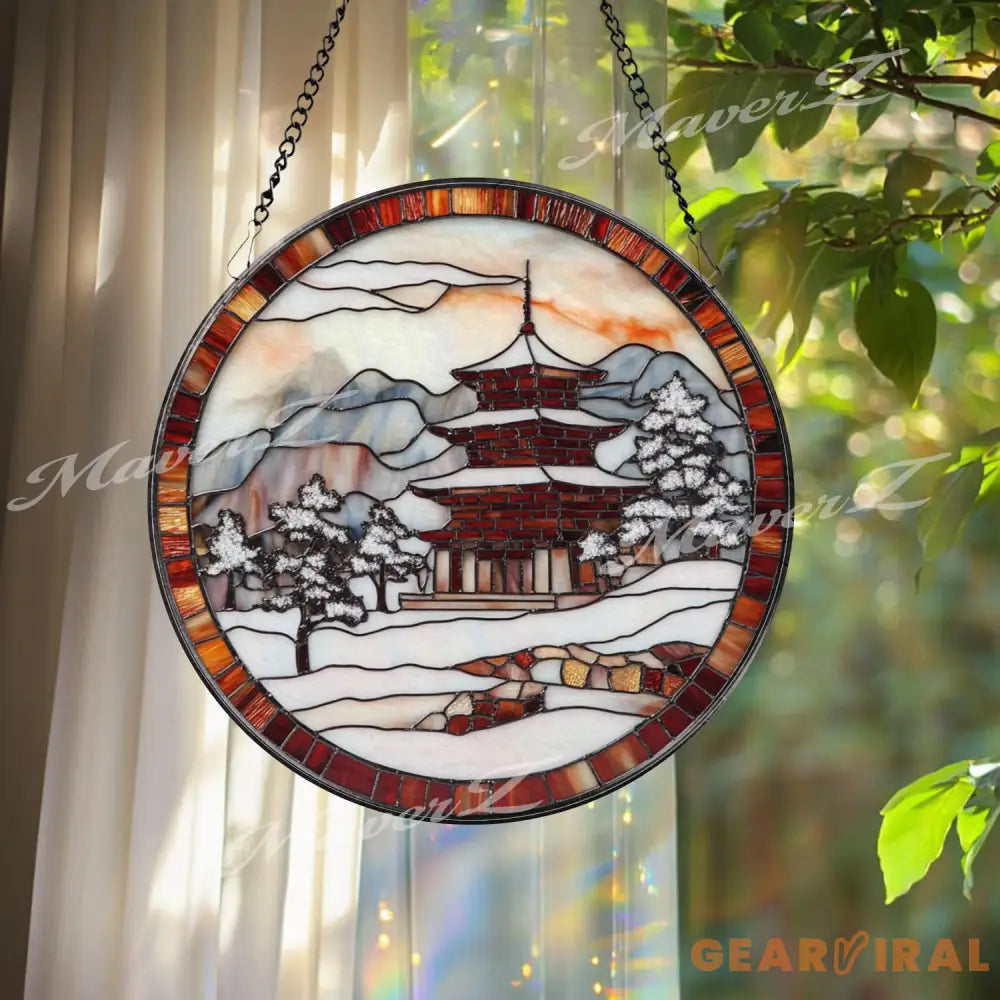 Japanese Pagoda Winter Stained Glass Suncatcher Snowy Temple Window Hanging Art Round Japan Landscape Glass Panel Zen
