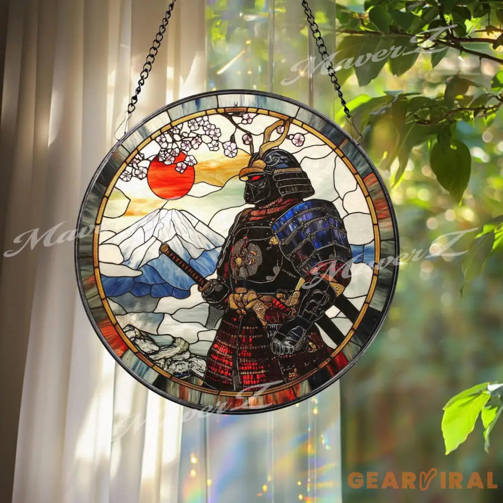 Japanese Samurai Stained Glass Suncatcher with Mount Fuji and Cherry Blossoms Traditional Warrior Window Hanging Decor