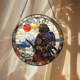 Japanese Samurai Stained Glass Suncatcher with Mount Fuji and Cherry Blossoms Traditional Warrior Window Hanging Decor