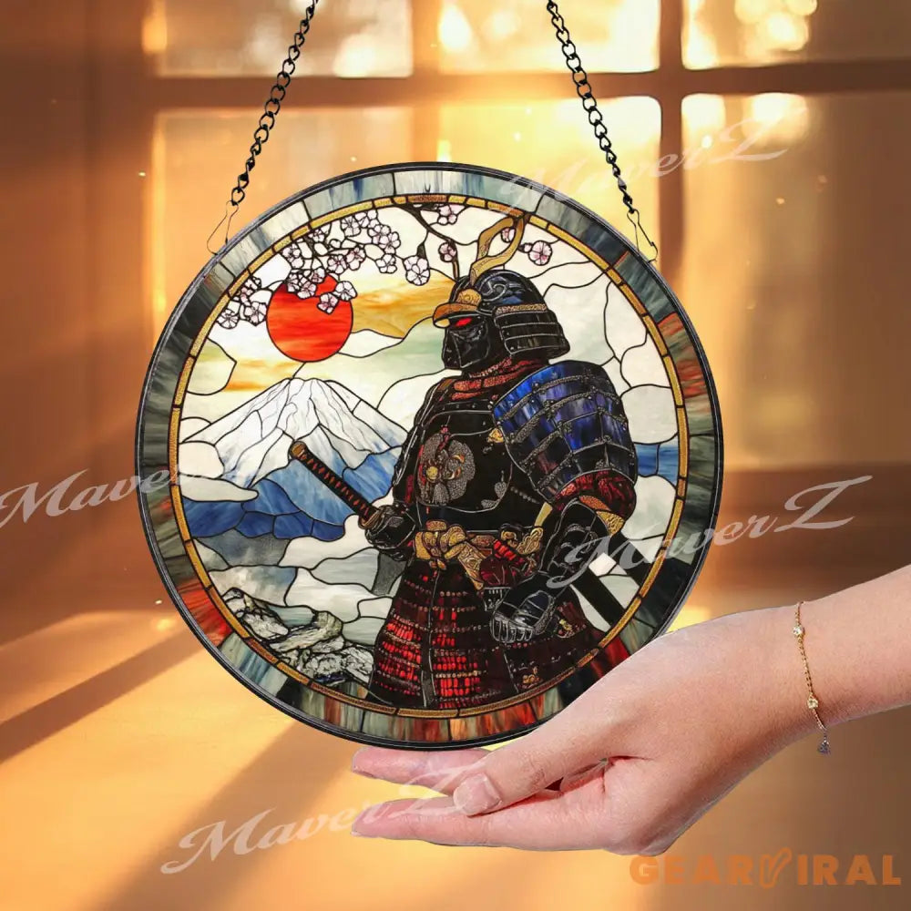 Japanese Samurai Stained Glass Suncatcher with Mount Fuji and Cherry Blossoms Traditional Warrior Window Hanging Decor