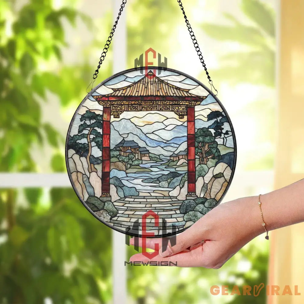 Japanese Torii Gate Stained Glass Suncatcher Zen Garden Landscape Glass Art Oriental Window Hanging Tranquil Asian Home
