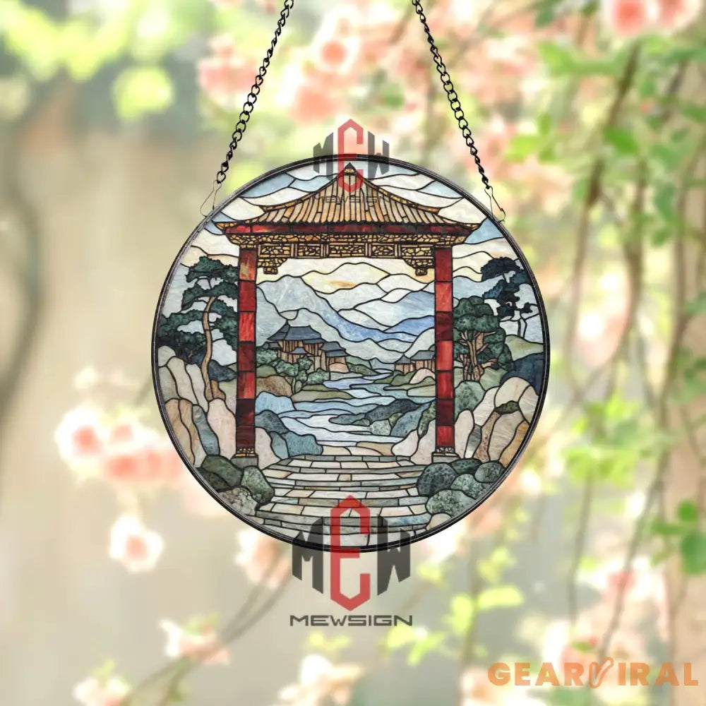 Japanese Torii Gate Stained Glass Suncatcher Zen Garden Landscape Glass Art Oriental Window Hanging Tranquil Asian Home