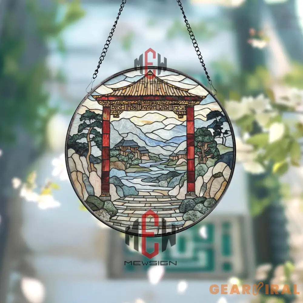 Japanese Torii Gate Stained Glass Suncatcher Zen Garden Landscape Glass Art Oriental Window Hanging Tranquil Asian Home