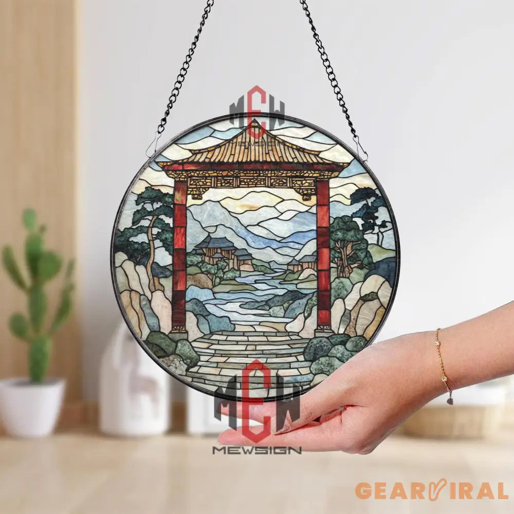 Japanese Torii Gate Stained Glass Suncatcher Zen Garden Landscape Glass Art Oriental Window Hanging Tranquil Asian Home