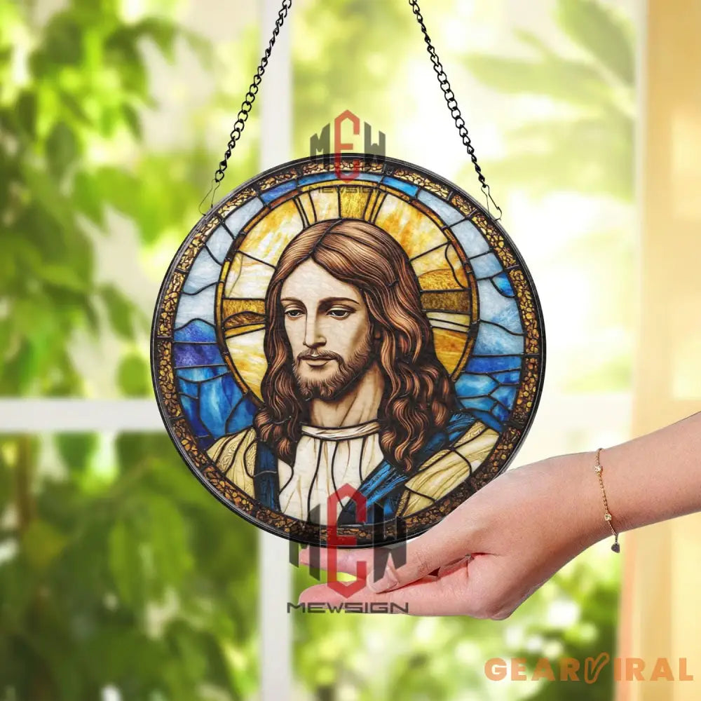 Jesus Christ Stained Glass Suncatcher Christian Window Hanging Panel Religious Spiritual Decor for Home Church or