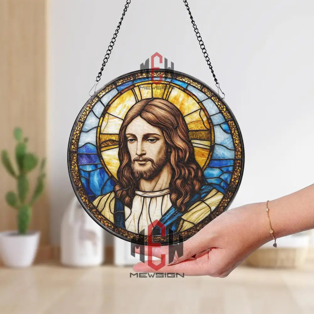 Jesus Christ Stained Glass Suncatcher Christian Window Hanging Panel Religious Spiritual Decor for Home Church or