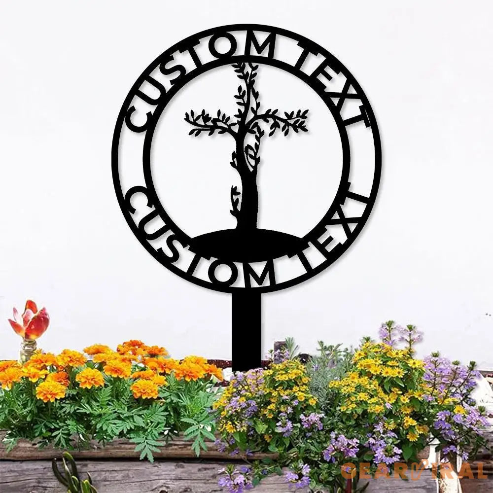 Jesus Cross Garden Sign Life Tree Metal Stake Personalized Name Yard Sign Outdoor Door Garden Decor Metal Sign