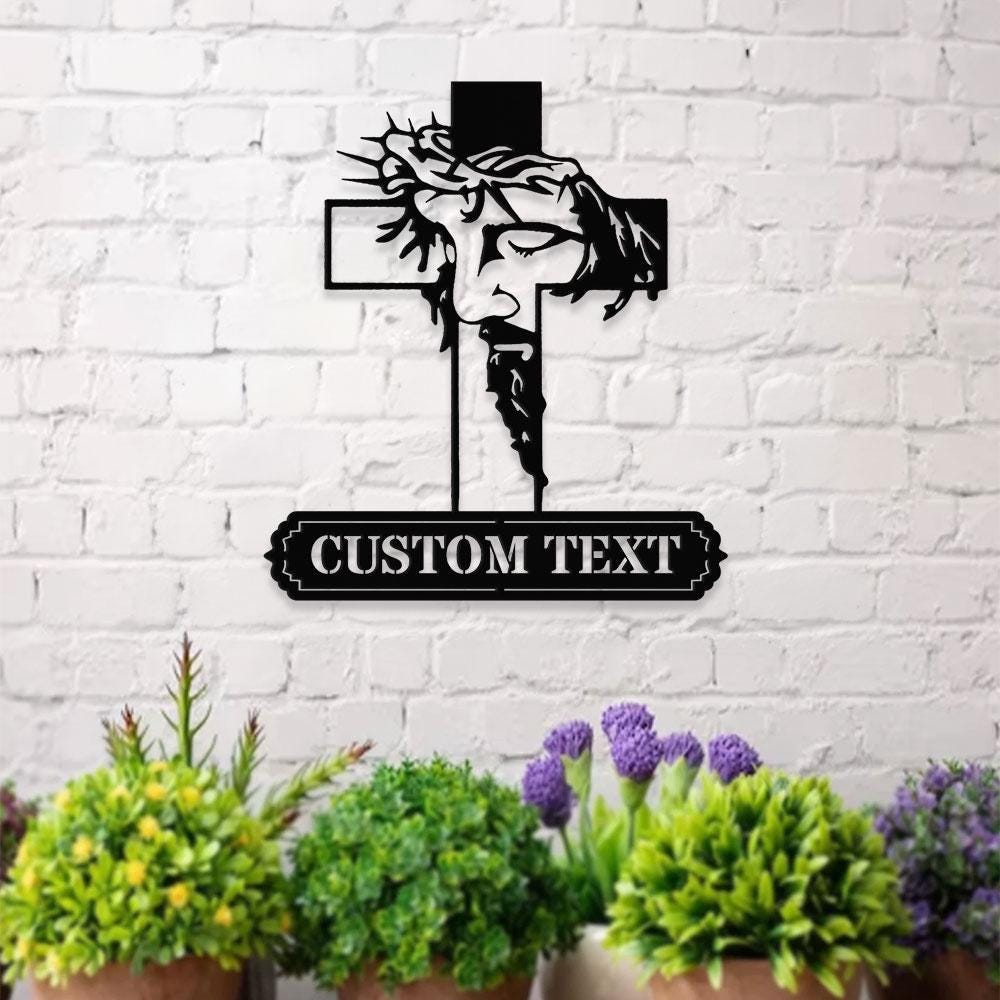 Jesus Cross Sign, Christian Metal Sign Decor, Personalized Christian Name Sign, Outdoor Door Jesus Decor, Cross Metal Sign, Housewarming