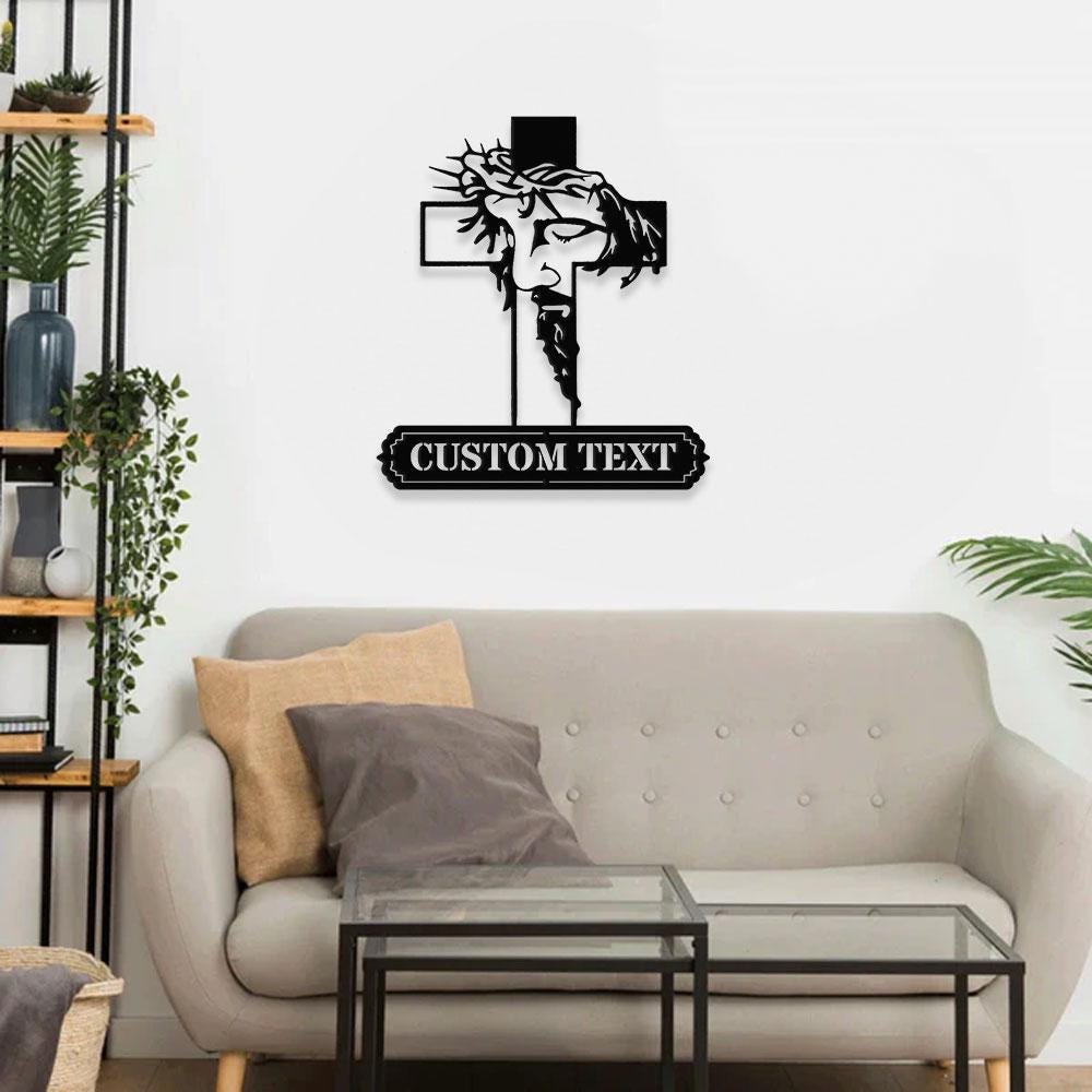 Jesus Cross Sign, Christian Metal Sign Decor, Personalized Christian Name Sign, Outdoor Door Jesus Decor, Cross Metal Sign, Housewarming