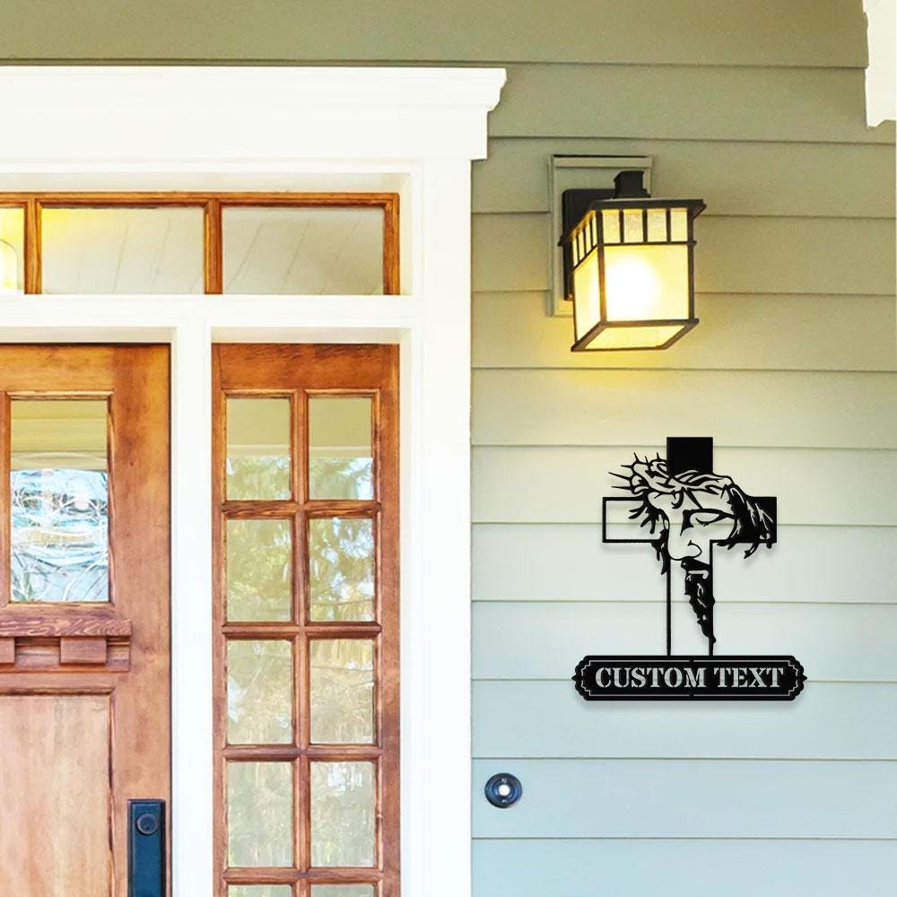 Jesus Cross Sign, Christian Metal Sign Decor, Personalized Christian Name Sign, Outdoor Door Jesus Decor, Cross Metal Sign, Housewarming