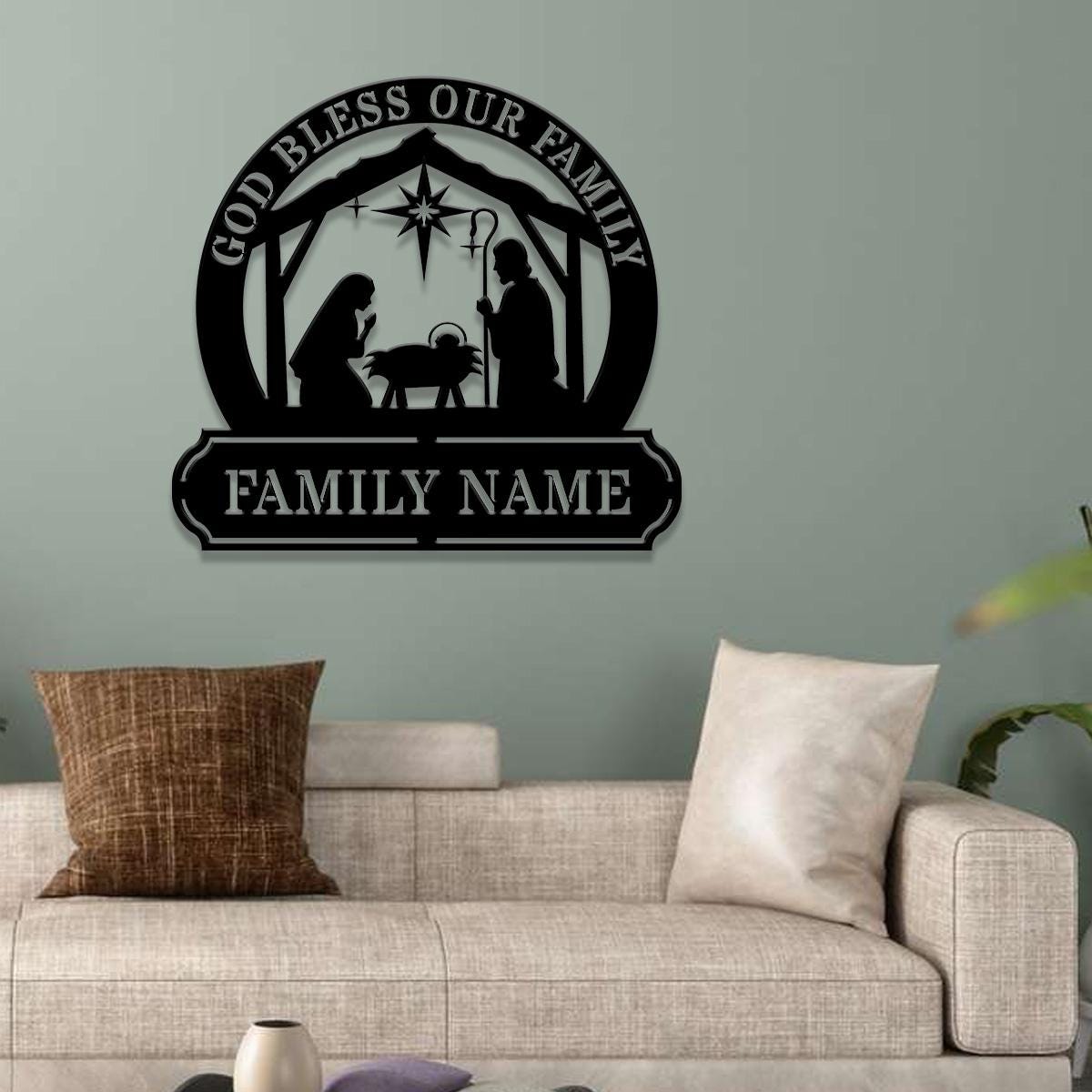 Jesus God Bless Our Family Metal Name Sign, Personalized Split Letter Last Name, Christian Sign, Outdoor Door Hanger, Housewarming Monogram