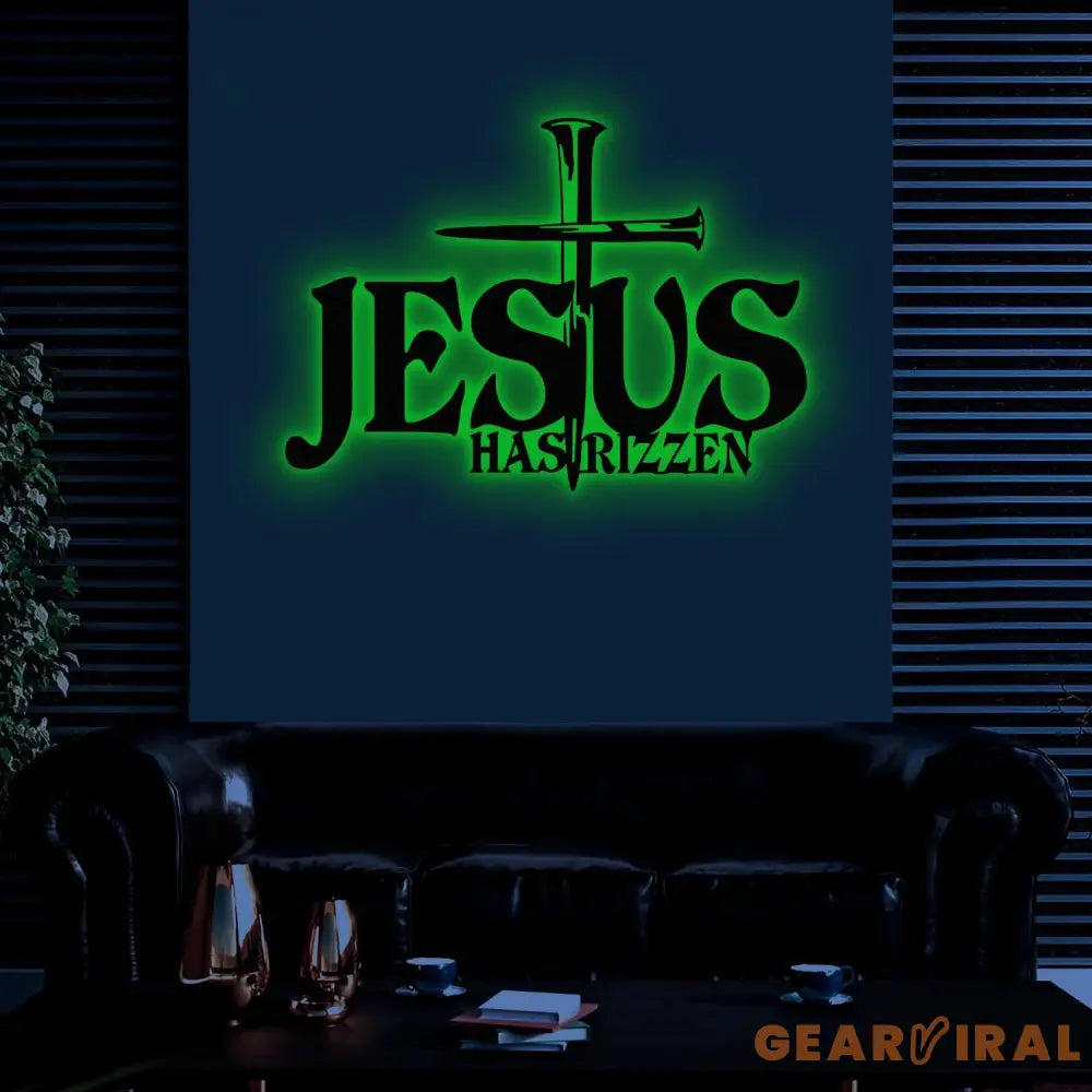 Jesus Has Rizzen Metal Wall Art with Led Light Christian Line Art Christian Wall Decor Cross Metal Sign Christian Gift,