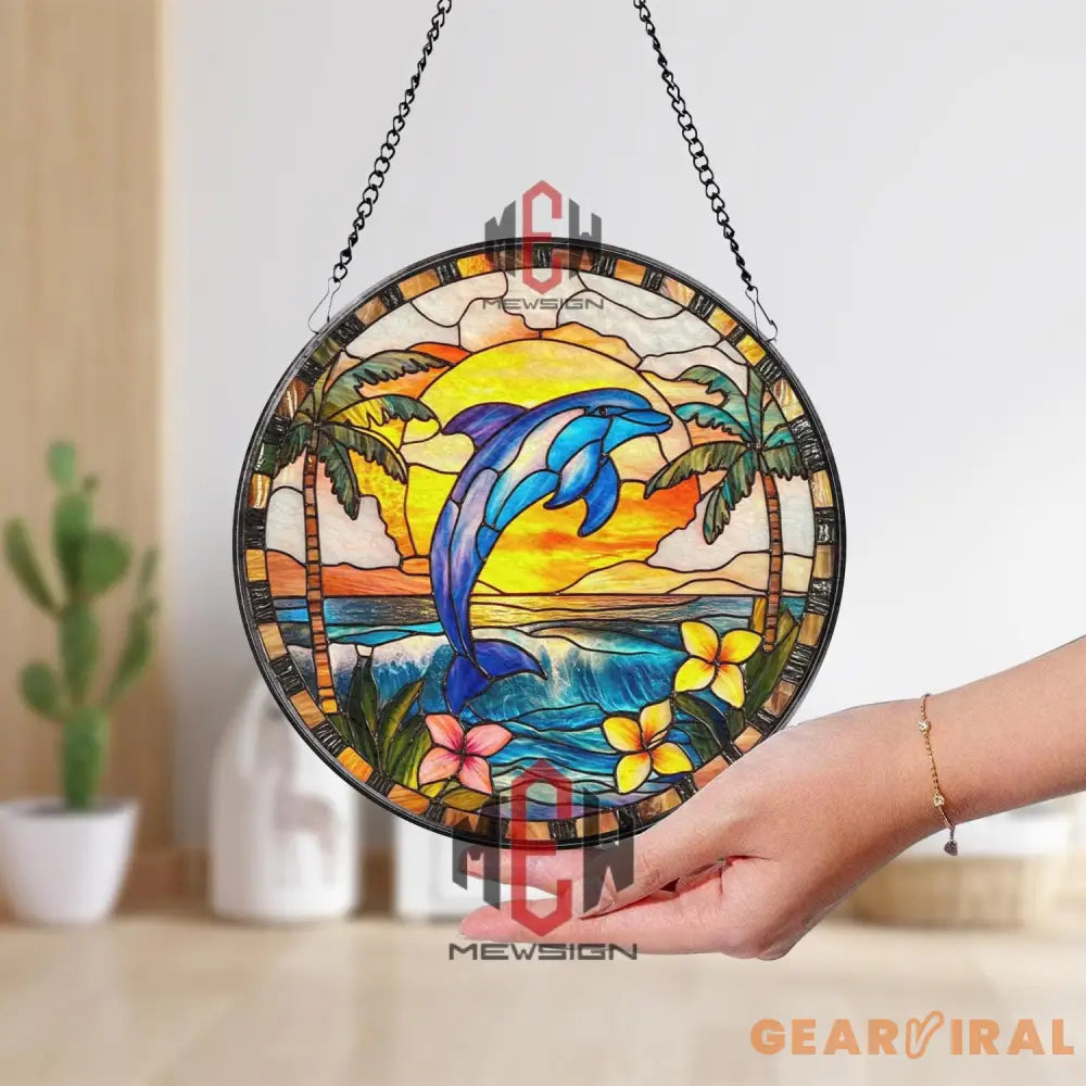 Jumping Dolphin Tropical Stained Glass Suncatcher Ocean Sunset Window Panel Beach House Decor Coastal Gift for Sea Life