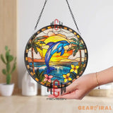 Jumping Dolphin Tropical Stained Glass Suncatcher Ocean Sunset Window Panel Beach House Decor Coastal Gift for Sea Life