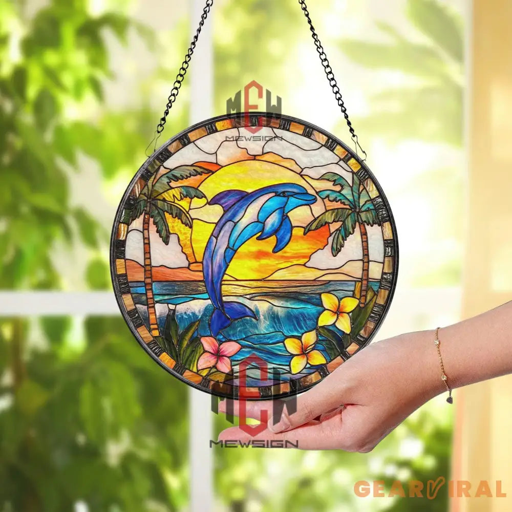 Jumping Dolphin Tropical Stained Glass Suncatcher Ocean Sunset Window Panel Beach House Decor Coastal Gift for Sea Life