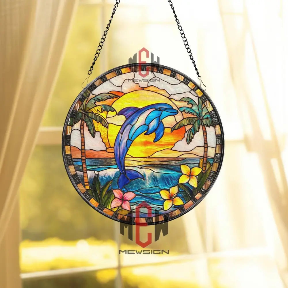 Jumping Dolphin Tropical Stained Glass Suncatcher Ocean Sunset Window Panel Beach House Decor Coastal Gift for Sea Life