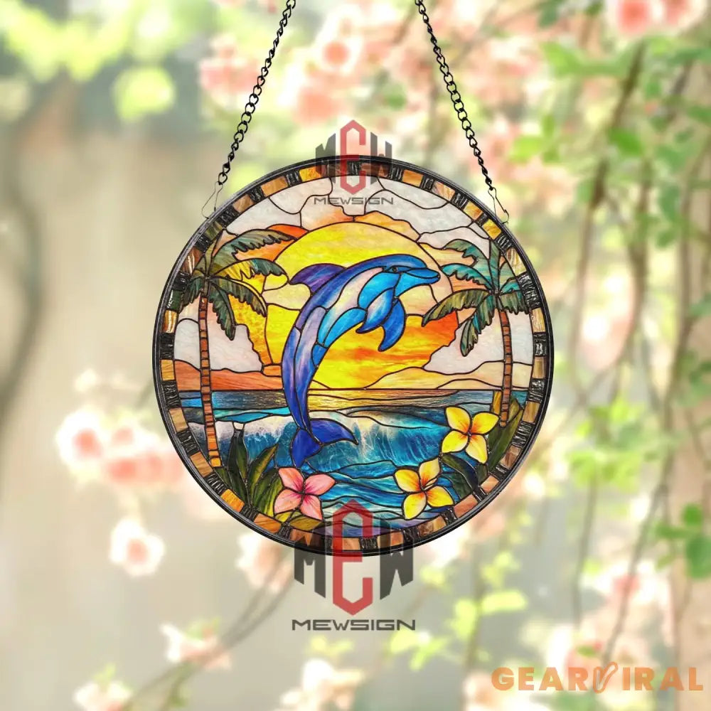 Jumping Dolphin Tropical Stained Glass Suncatcher Ocean Sunset Window Panel Beach House Decor Coastal Gift for Sea Life