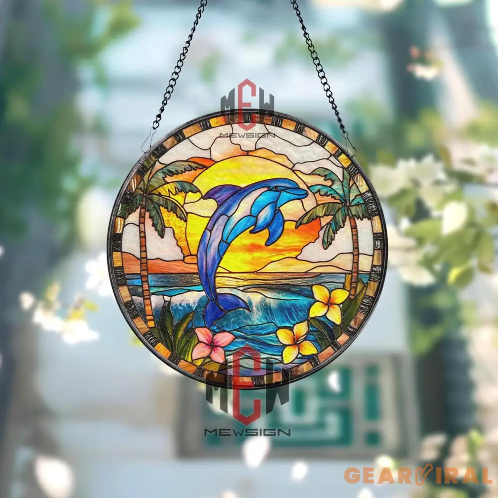 Jumping Dolphin Tropical Stained Glass Suncatcher Ocean Sunset Window Panel Beach House Decor Coastal Gift for Sea Life
