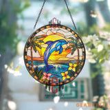 Jumping Dolphin Tropical Stained Glass Suncatcher Ocean Sunset Window Panel Beach House Decor Coastal Gift for Sea Life
