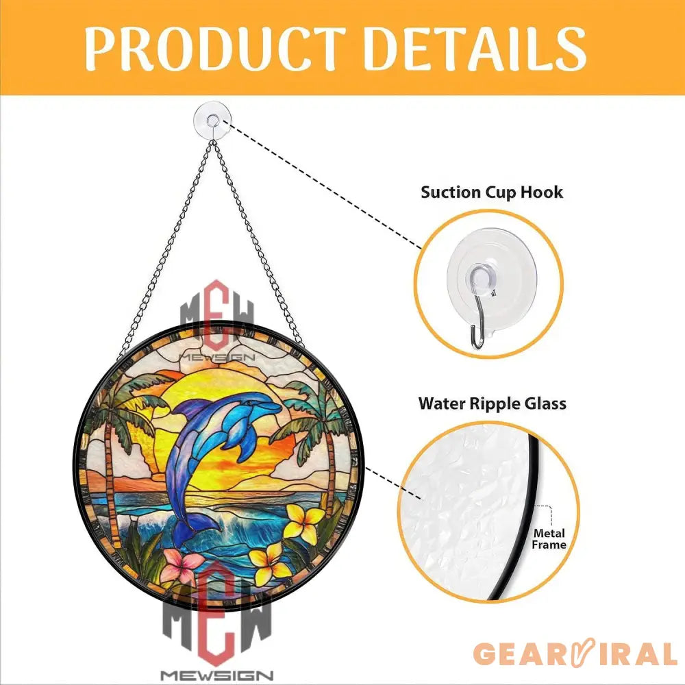 Jumping Dolphin Tropical Stained Glass Suncatcher Ocean Sunset Window Panel Beach House Decor Coastal Gift for Sea Life