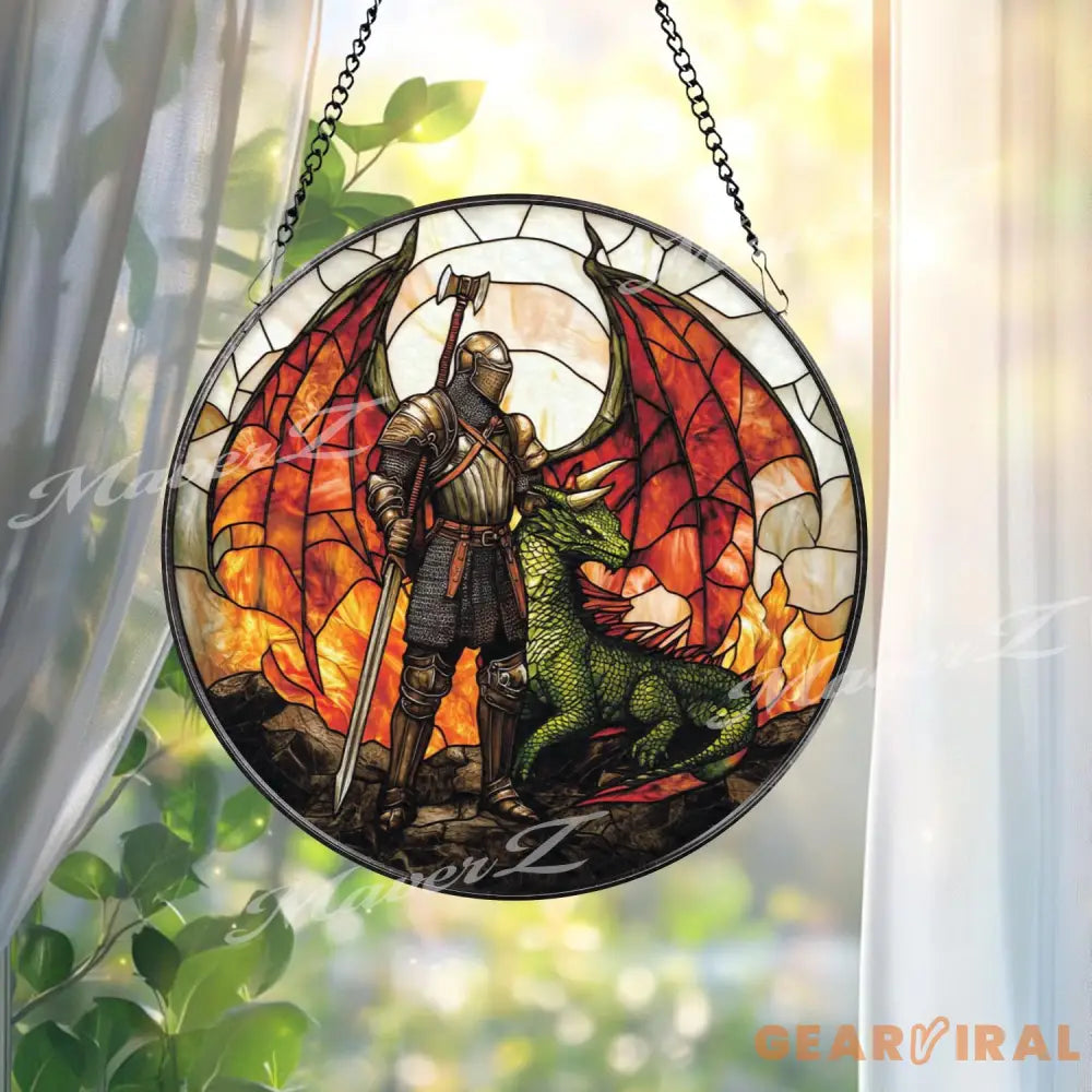 Knight and Dragon Stained Glass Suncatcher Medieval Fantasy Window Hanging Warrior Guardian Decor for Fantasy Lover Gift