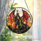 Knight and Dragon Stained Glass Suncatcher Medieval Fantasy Window Hanging Warrior Guardian Decor for Fantasy Lover Gift
