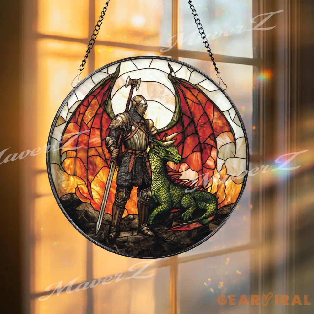 Knight and Dragon Stained Glass Suncatcher Medieval Fantasy Window Hanging Warrior Guardian Decor for Fantasy Lover Gift