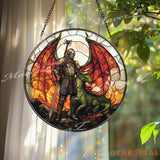 Knight and Dragon Stained Glass Suncatcher Medieval Fantasy Window Hanging Warrior Guardian Decor for Fantasy Lover Gift