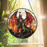 Knight and Dragon Stained Glass Suncatcher Medieval Fantasy Window Hanging Warrior Guardian Decor for Fantasy Lover Gift