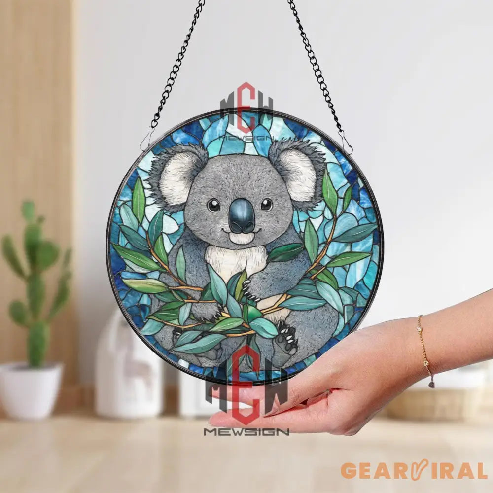 Koala Stained Glass Suncatcher Cute Australian Animal Window Hanging Round Wildlife Panel Decor Gift for Nature Lovers